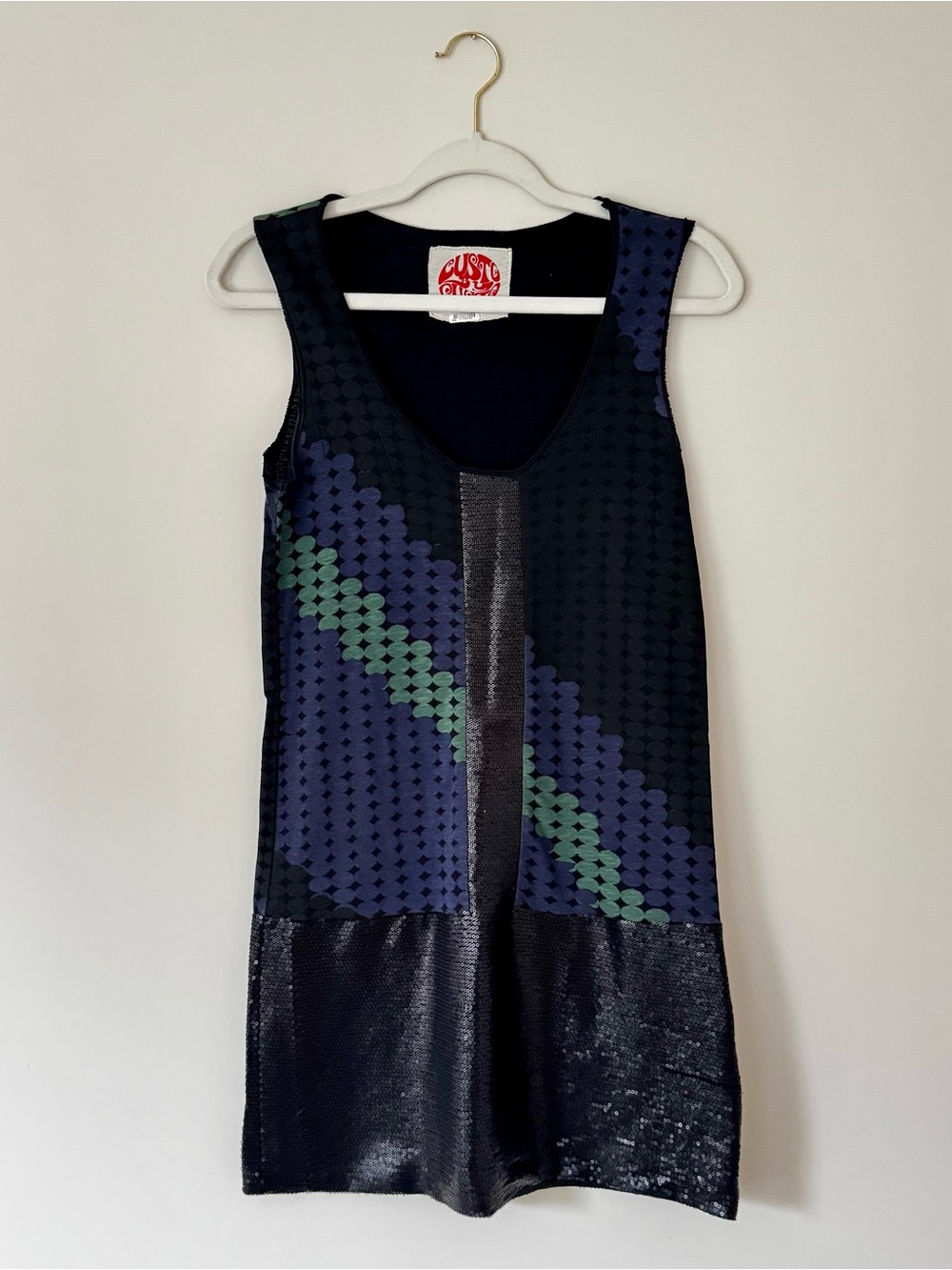 Custo Barcelona Y2K Geometric Sequin Mini Dress, Black, Navy, Green – Size 1, XS